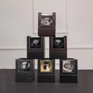 Automatic Square PU Leather Watch Winder <b>Box</b> with Flip Top Design Transparent Window <b>Black</b> Brown Leather Exterior for Use - Product Image 4
