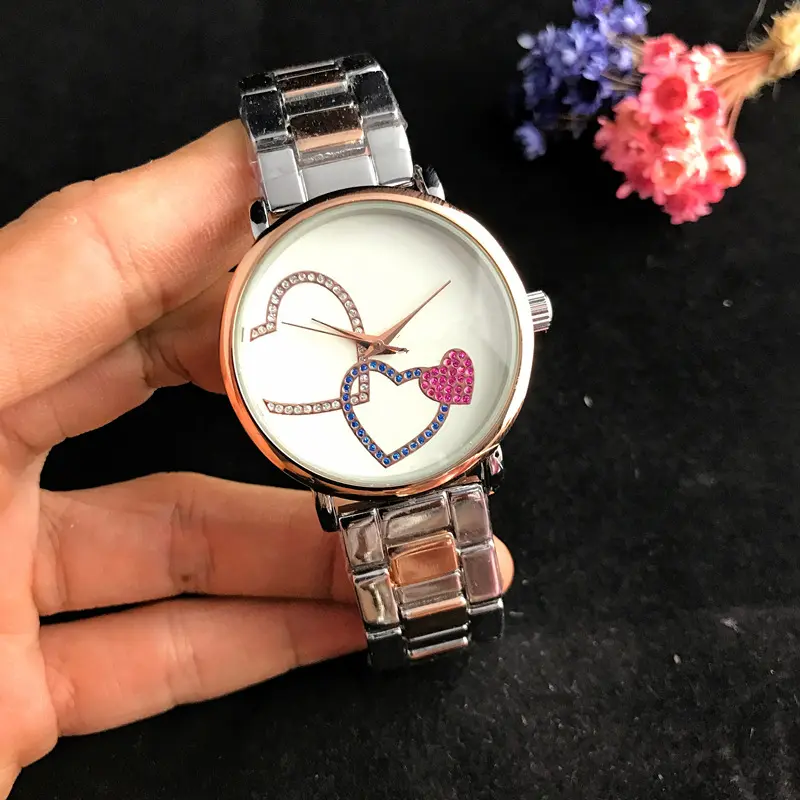 Jam tangan kuarsa wanita modis jam tangan unik kerah putih jam tangan dial cinta hati persik berkilau wanita jam tangan pria