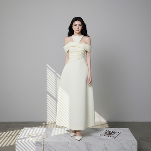 Nouvelle <span class=keywords><strong>robe</strong></span> de soirée élégante pour <span class=keywords><strong>femme</strong></span>, prête à porter, couleur abricot, col licou, taille cintrée et jupe ample. - Product Image 1