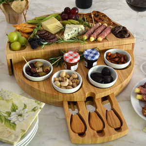 Bamboo <b>Cheese</b> Board <b>Set</b> Round Rotatable With <b>Knives</b> Cutting Board For Serving And Entertaining - Product Image 2