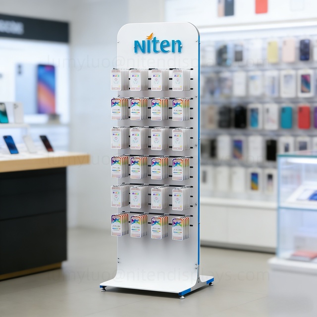 Cell Phone Store Display Stand Metal Floor Rack with Sliding Hooks for Phone Cases Screen Protectors Cables Accessories Rack