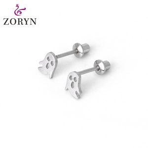 Zoryn 316L Stainless Steel Silver Plated Screw <b>Back</b> Stud <b>Earrings</b> Skull Hollow Out Hypoallergenic Tarnish Resistant for Women - Product Image 1