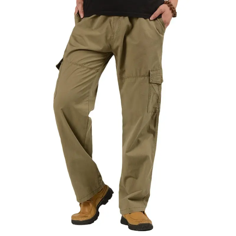 Best Verkopende Heren Khaki Werkbroek Relaxed Fit Jogger Joggingbroek Elastische Taille Rechte Pijpen Uitlopende Cargobroek