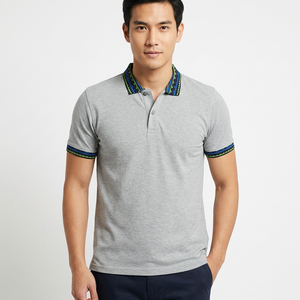 Men's Gray Short Sleeve Polo <b>Shirt</b> With Contrast <b>Collar</b> And Cuff Regular Fit Casual Knitted Cotton <b>T</b>-<b>Shirt</b> - Product Image 1