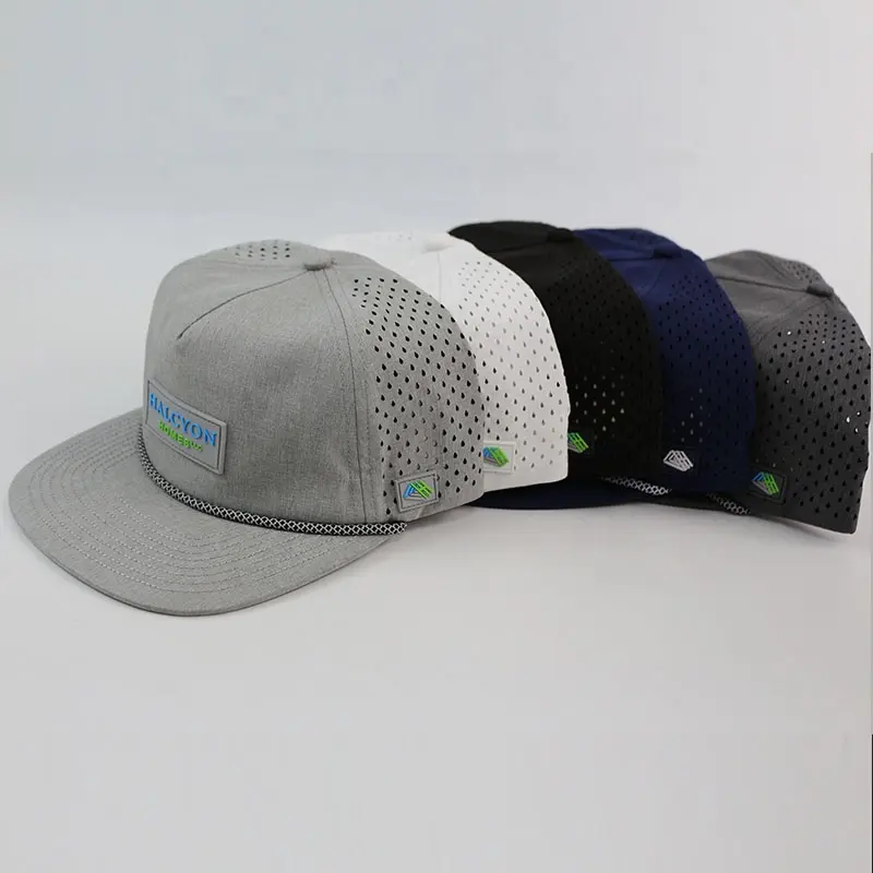 Luxe 5 panneau snapback non structuré étanche corde chapeau découpé au laser trou loquet plat facture brique hydro percé chapeau de baseball