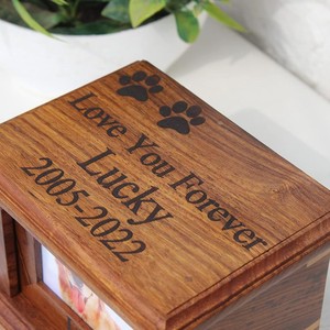 Custom Solid Wood Pet <b>Urn</b> Rectangle Personalized With Photo And Engraving For Dog Or <b>Cat</b> Memorial - Product Image 2