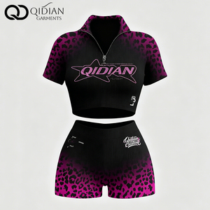 Ensemble short et haut à manches courtes personnalisé pour <span class=keywords><strong>femme</strong></span>, imprimé léopard dégradé avec strass, demi-zip, streetwear, ensemble deux pièces, survêtement d'été, OEM - Product Image 1