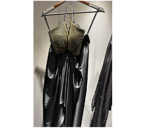 Premium Maternity Black <b>Gold</b> Noodle Strap Blouse Satin Draped <b>Skirt</b> Fully Hand Embroidered Breathable Cut Dana Work Indo Western - Product Image 1