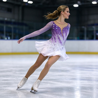 Robe de patinage et de danse pour enfants et adultes, dégradé violet et blanc, manches longues en maille, jupe à volants ornée de strass, pour compétition et spectacle de patinage sur glace