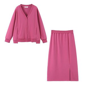 Conjunto de Suéter Rosa para Mujer Runqi, Cárdigan con Cuello en V y Falda Elástica de Cintura Alta, Talla Grande, Ropa de Punto para Otoño - Product Image 1