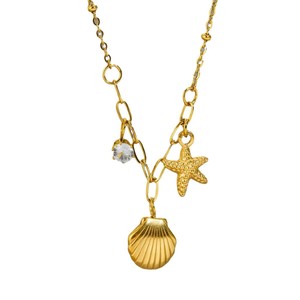Pendentif unisexe en acier inoxydable plaqué or 18 carats PVD, étoile de mer, coquillage, cristal |   Ensemble de bijoux chaînes à breloques Océan et Plage, anti-ternissement - Product Image 5