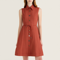 Robe midi décontractée évasée en terracotta sans manches avec col chemise, boutons sur le devant et ceinture à nouer, personnalisable pour femme, vente en gros