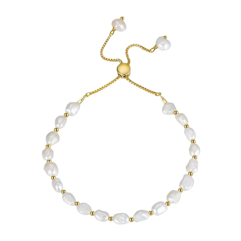 RINNTIN GPB09 Genuine 925 Sterling Silver Pearl Bracelet Chain Link Baroque Pearl Beads 14K Gold Bracelet Brazalete For Women