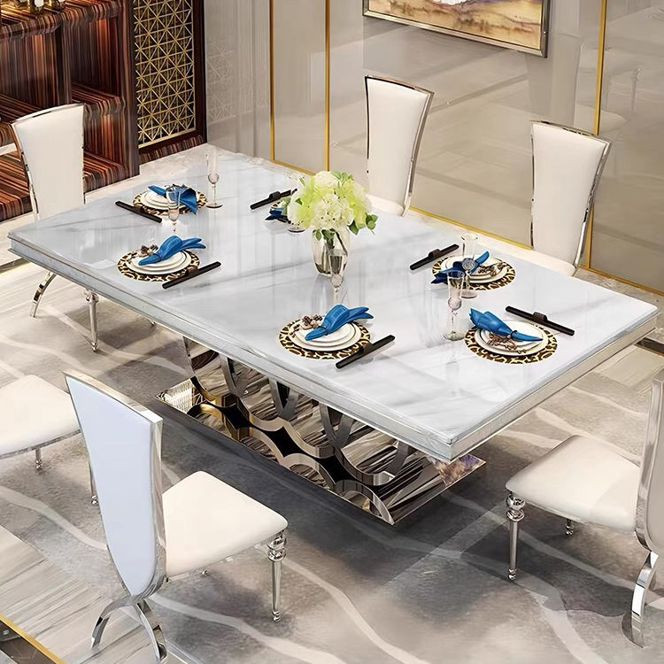 Modern Luxury Sliver Gold Metal Marble Dining Table Set Full Dinner ...