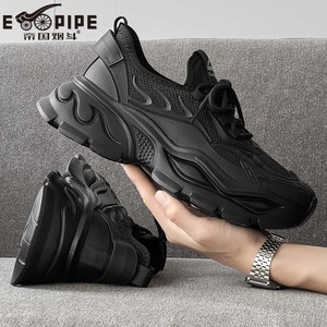 E-Pipe Baskets épaisses pour homme Maille noire Bout rond à lacets Chaussures de sport décontractées respirantes - Product Image 1