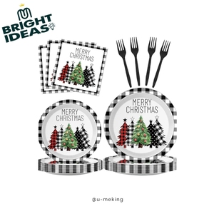96pcs Black White Buffalo Plaid Disposable Christmas Tableware Set Paper Plates Cups Napkins for Holiday Party