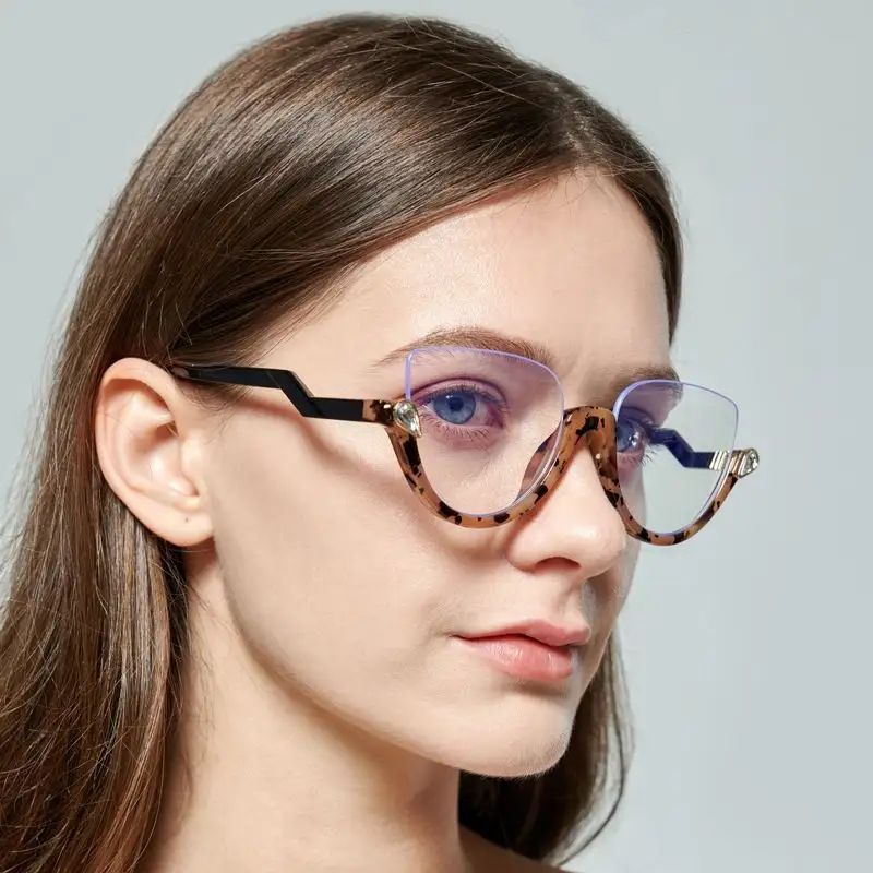 Hot Sale Trend Women Optical Eyeglasses Anti-blue Crystal Diamond Sunglasses Half Rim Glasses