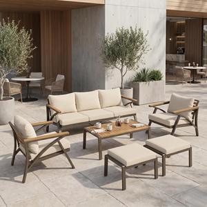 Conjunto de Móveis Modernos para Pátio Externo à Prova d'Água com Estrutura de Aço (Sofá de 3 Lugares, 2 Poltronas, 2 Otomanas) em Madeira de Acácia - Product Image 1