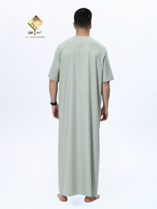 Al Haramain <b>Men's</b> Woven Fabric <b>Thobe</b> Neck Short Sleeve Floor Length Modest Prayer Wear Solid Color Breathable Loose Fit - Product Image 5