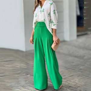 Ensemble chemise décontractée et pantalon taille haute, ensemble deux pièces grande taille, vêtements pour femmes, costume <span class=keywords><strong>vert</strong></span> émeraude - Product Image 2