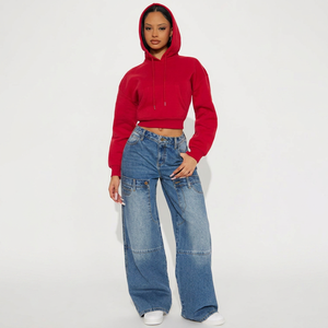 Sudadera con Capucha Corta Roja para Mujer, Color Sólido, Manga Larga, Material de Felpa, Ropa Casual de Otoño, Sudadera con Capucha Personalizada con Logotipo - Product Image 1