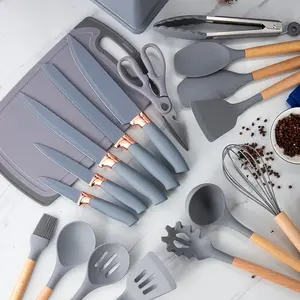 New Wooden Handle Silicone Kitchen Knife Set 17/19 Pieces Set com Armazenamento Bucket Household Kitchen Knife