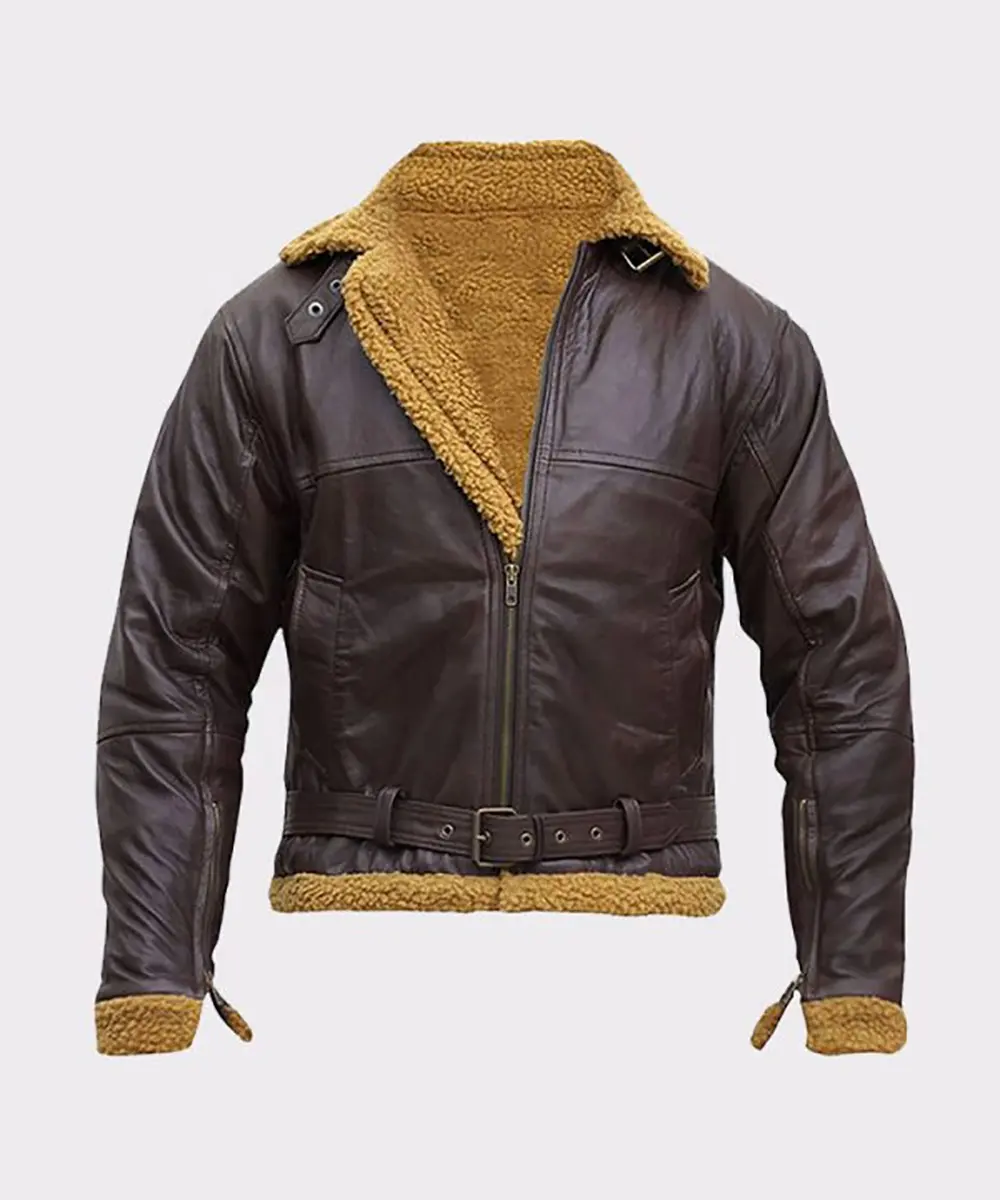 Jaket Kulit Aviator Pria, Jaket Kulit Bomber B3, Jaket Kulit Modis dengan Kerah Bulu Berdiri