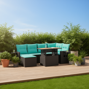 Set Divano da Esterno in Polyrattan 7 Pezzi Nero con Cuscini - Elegante Arredamento da Giardino - Product Image 2