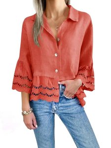 Blusa de Encaje Tejido para Mujer, Estilo Europeo Americano, Corte Holgado Informal, Primavera-Verano, con Mangas Acampanadas <span class=keywords><strong>y</strong></span> Logotipo Frontal - Product Image 5