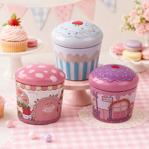 Ready Stock Cupcake Mushroom Shaped Tin Box Cute Cartoon Printed Food Grade Metal Tin Can For Cookie Candy Snack Gift Packaging - Product Image 1