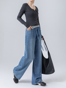 Jeans non élastiques pour femmes, nouvelle collection automne 2026, pantalon taille haute à cordon de serrage, coupe droite, pantalon ample à jambes larges pour femmes - Product Image 4