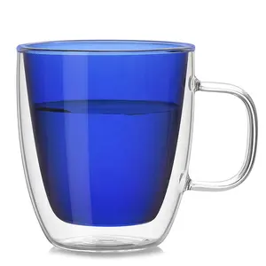 Tazza in vetro isolante a doppia parete prezzo all'ingrosso tazza in vetro borosilicato di alta qualità tazza di colore verde e blu design semplice