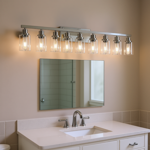 Luminaire de salle de bain moderne à 8 lumières, finition chrome en fer, verre transparent, lampe murale pour miroir, à intensité variable - Product Image 2