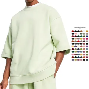 Customized Men's 100% Cotton Short Sleeve Embossed Sweatshirt Ribbed Crew Neck oversized Sweatshirt sweat shirt for Men