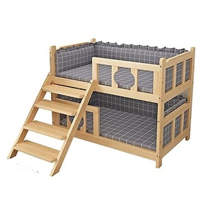 Lit pour chien double couche en bois massif de luxe avec barrière de sécurité, coussin gris universel quatre saisons, maison pour animaux à motif animalier - Product Image 1