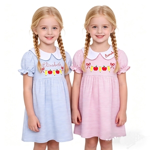 <span class=keywords><strong>Abiti</strong></span> da bambina ricamati <span class=keywords><strong>per</strong></span> il primo giorno di scuola, con colletto a Peter Pan, maniche a sbuffo, applicazione a mela, abito a righe rosa <span class=keywords><strong>per</strong></span> bambina - Product Image 1