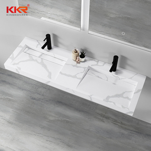 Lavabo mural moderne en surface solide modifiée, motif marbre quartz, pour hôtel, à poser sur comptoir de salle de bain - Product Image 1
