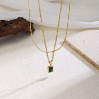 Collier double couche classique en acier inoxydable avec pendentif géométrique vert moderne et pierres précieuses, chaîne latérale, bijoux tendance en promotion TGXL14701