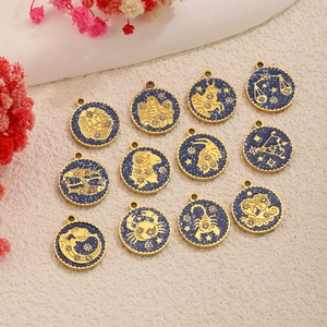 15mm 18 Ayar Altın Kaplama Paslanmaz Çelik Koyu Mavi Mineli 12 Burç Tılsımlı Işıltılı CZ Yıldız İşareti Kolye Ucu DIY Kolye Yapımı İçin - Product Image 4