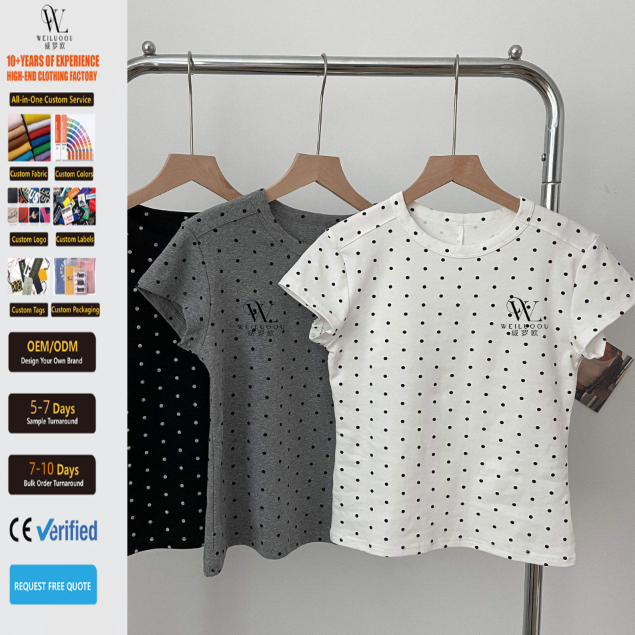 Hot Sale Women's Summer Short-Sleeved T-Shirts New Fashionable Slimming Tops With Round Neck Polka Dots Made From Fabric T-shirt