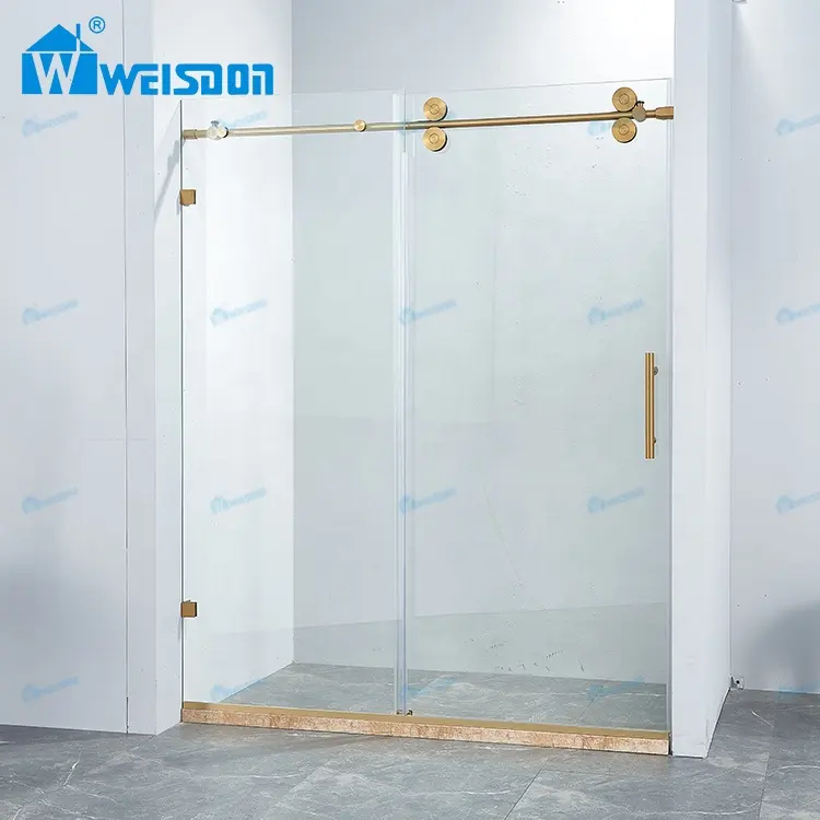 Weisdon desain baru pintu Pancuran kaca Tempered tanpa bingkai geser tunggal kamar mandi emas baja tahan karat