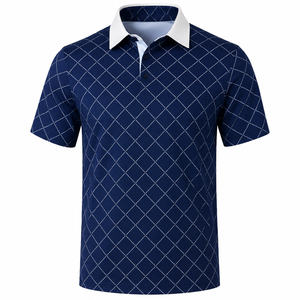 Custom <b>Navy</b> Plaid Golf Polo Shirt Mens Check Print Performance Moisture Wicking Stretch OEM ODM Private Label Manufacturer - Product Image 5