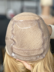 Perruques médicales en cheveux humains blonds lisses avec dentelle transparente, nœuds simples, dentelle complète, sans colle, silicone PU - Product Image 4