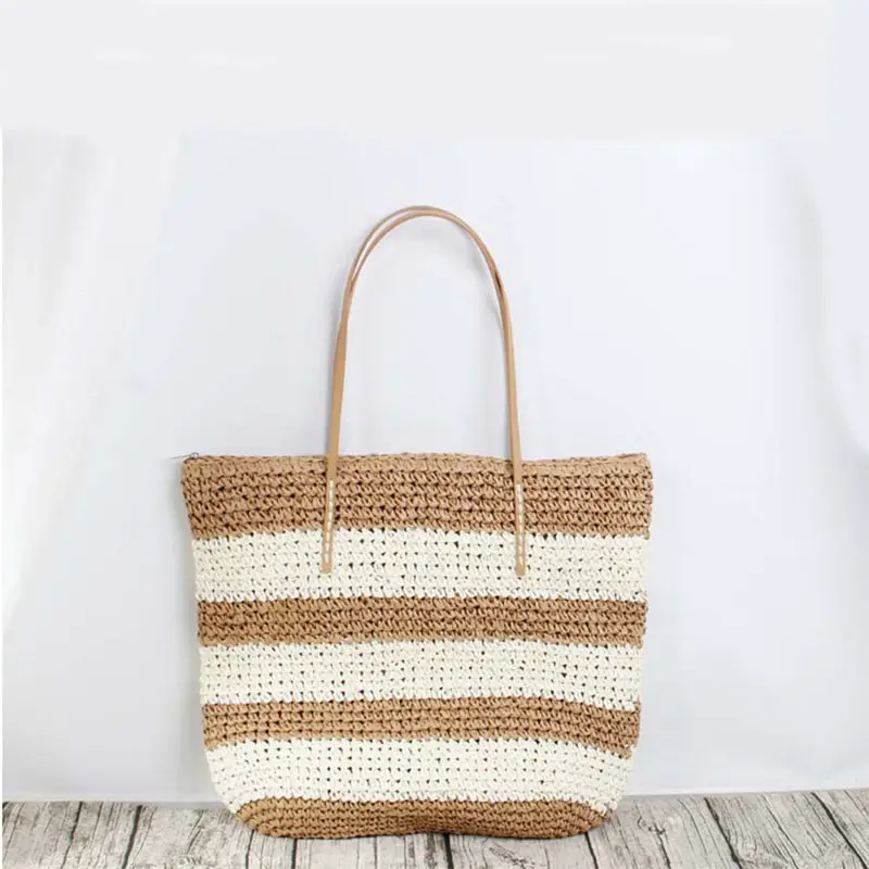 High Quality Fashion Custom Summer Stripe Crochet Paper Tote Beach Straw Bag