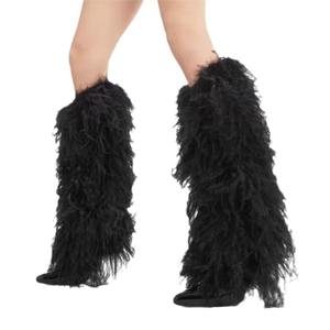 Nouveau style bout pointu stiletto super haut talon plume d'autruche <span class=keywords><strong>large</strong></span> <span class=keywords><strong>mollet</strong></span> botte chaussures <span class=keywords><strong>grande</strong></span> <span class=keywords><strong>taille</strong></span> genou-haute <span class=keywords><strong>bottes</strong></span> de fourrure pour les femmes - Product Image 2