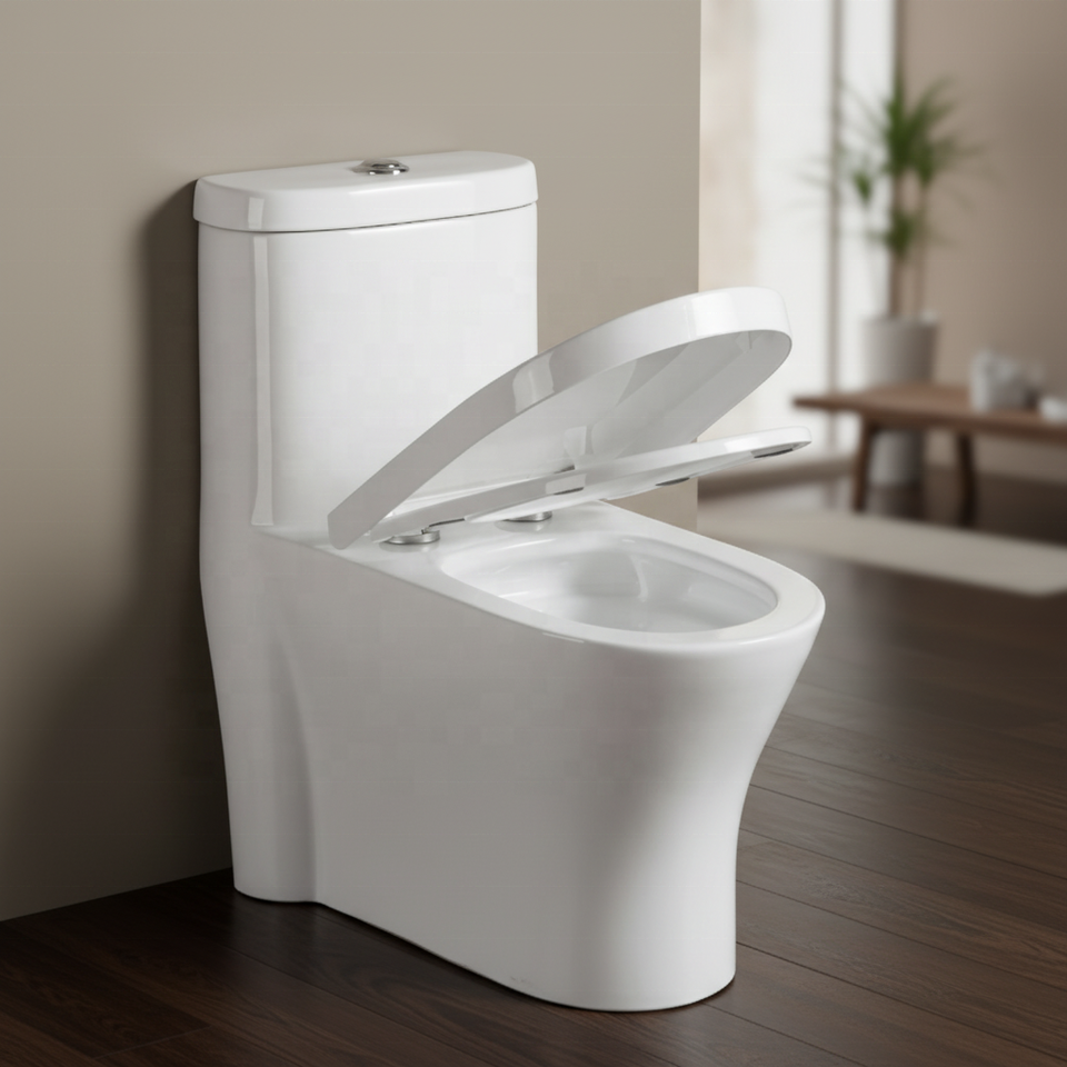 Modern One Piece Elongated Dual-Flush S-Trap Soft Close White Sanitary ...