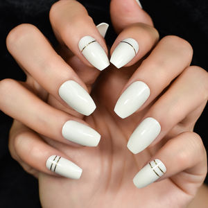 Uñas Postizas <span class=keywords><strong>de</strong></span> Color Blanco Brillante, Diseño <span class=keywords><strong>de</strong></span> Ataúd Mediano <span class=keywords><strong>con</strong></span> <span class=keywords><strong>Rayas</strong></span>, Uñas Acrílicas para <span class=keywords><strong>Manicura</strong></span> DIY en Salón, para Bodas y Citas - Product Image 2