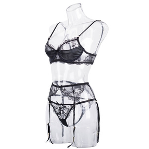 Offres Spéciales : Ensembles de Lingerie Noire Sexy et Élégante pour Femme, comprenant Soutiens-gorge en Dentelle, Strings et Porte-jarretelles, avec Broderies et Détails Ajourés - Product Image 5