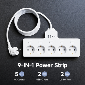 Productos Más Vendidos 2026, Protector de Sobretensión de 5 Tomas de Corriente, <span class=keywords><strong>Regleta</strong></span> de Enchufes Europea con Puerto USB-A de 10A, Protección Contra Sobrecarga de Cable, Extensión de 1.5M - Product Image 6