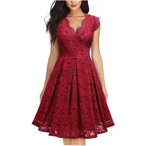 Long Sleeve V-neck Solid A-Line Dress Autumn Lace Lace Maxi Dress Ladies Casual Dress Clothes Women Wholesale